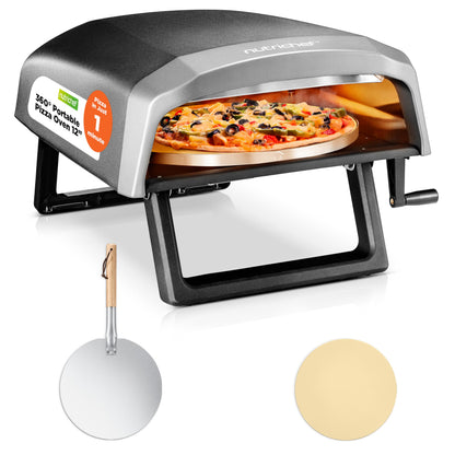 NutriChef Outdoor Pizza Oven with 360° Rotating Pizza Stone | Cooks 12" Pizza in 60 seconds | Adjustable Heat Control Dial, Includes Pizza Peel, Stone & Regulator with Hose | Short Handle