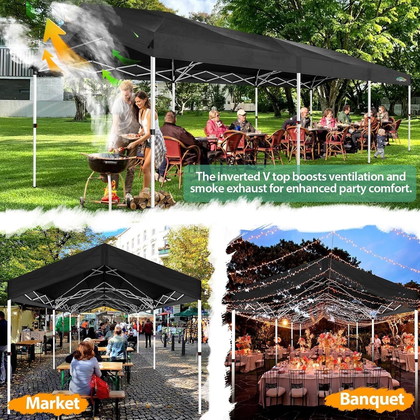 COBIZI 10x30 Party Tent with Wheeled Bag 10x30 Pop up Canopy with One-Push Setup, Outdoor Canopy with 3 Sidewalls Gazebo Event Shelter for Wedding Commercial with Sandbags,Waterproof & UPF50+, Black