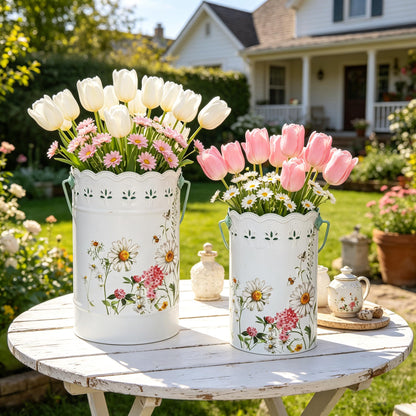 Zorvynelle Set of 2 Rustic White Metal Flower Pots, Decorative Floral Buckets Farmhouse Iron Vases Planters for Dried Flowers, Faux Plants, Home Garden Decor