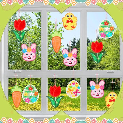 Feifeiya 24 Pack Easter Suncatcher Craft Kit - DIY Window Art for Bunny, Carrot & Egg Decorations