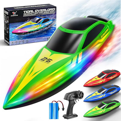 Remote Control Boat with 7-Mode Colorful LED Lights10 Inch RC Boat15KM/H High Speed2.4GHz3 Speed Modes2 Rechargeable BatteriesAuto Flip RecoveryPool &amp Lake Racing Gifts for Kids &amp Adult
