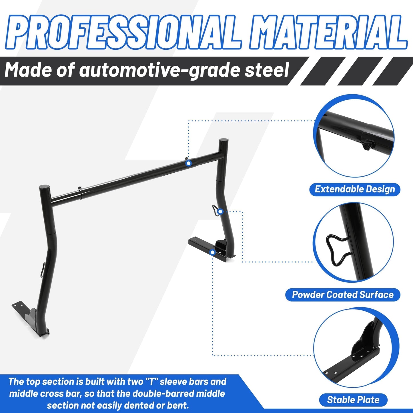 KUAFU Extendable Truck Rack Heavy Duty Steel Truck Bed Ladder Rack Compatible with Truck-Bed Width Ranged from Min.51 - Max.71,800Ibs Capacity Cargo Rack Kayak Surfboard Lumber Rack Two-bar Set