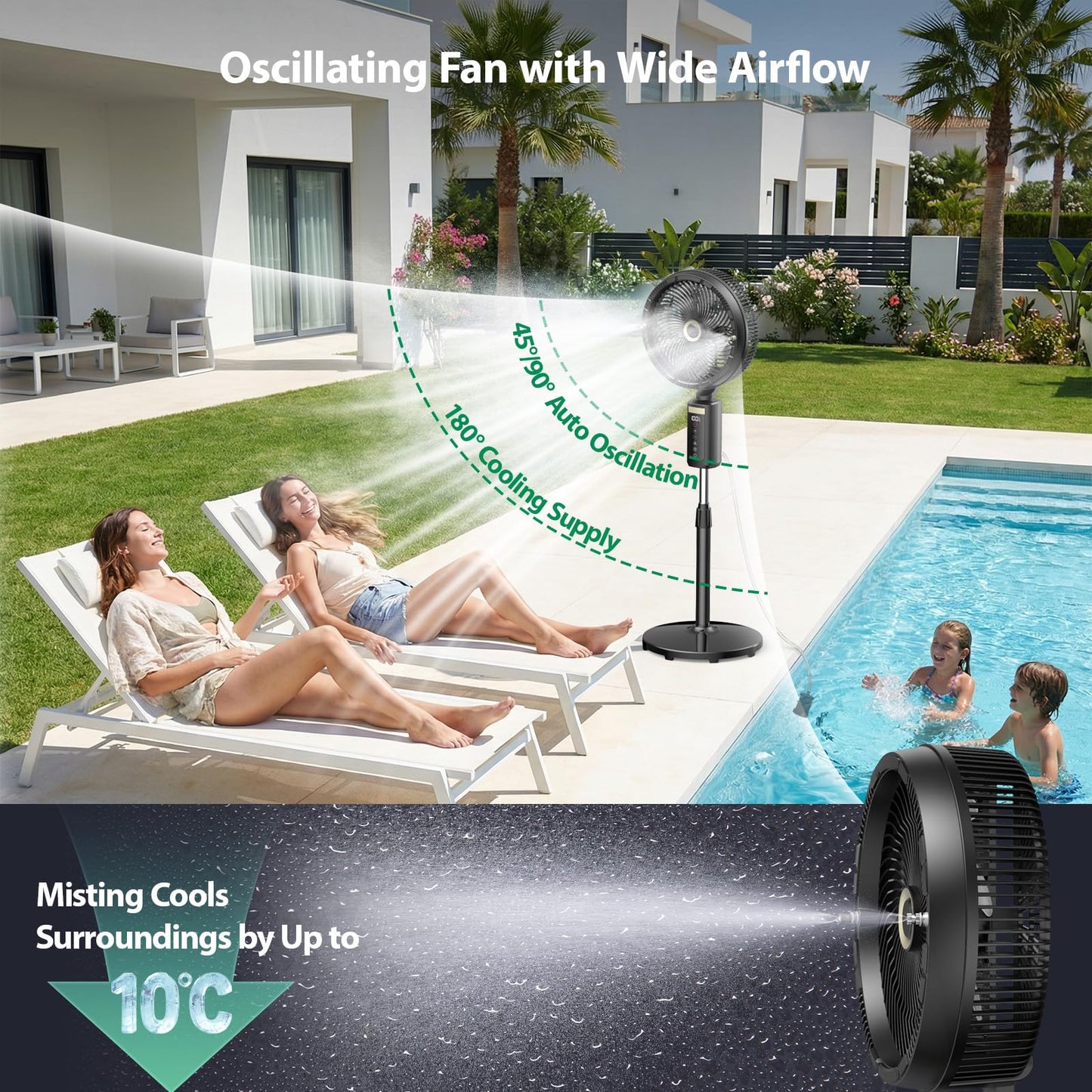 Ausic Outdoor Misting Fan for Patio, 30000mAh Rechargeable Battery Powered Cordless Pedestal Fan, 12" Oscillating Portable Cooling Fan, Standing Fan with Remote Mister for Camping/Backyard
