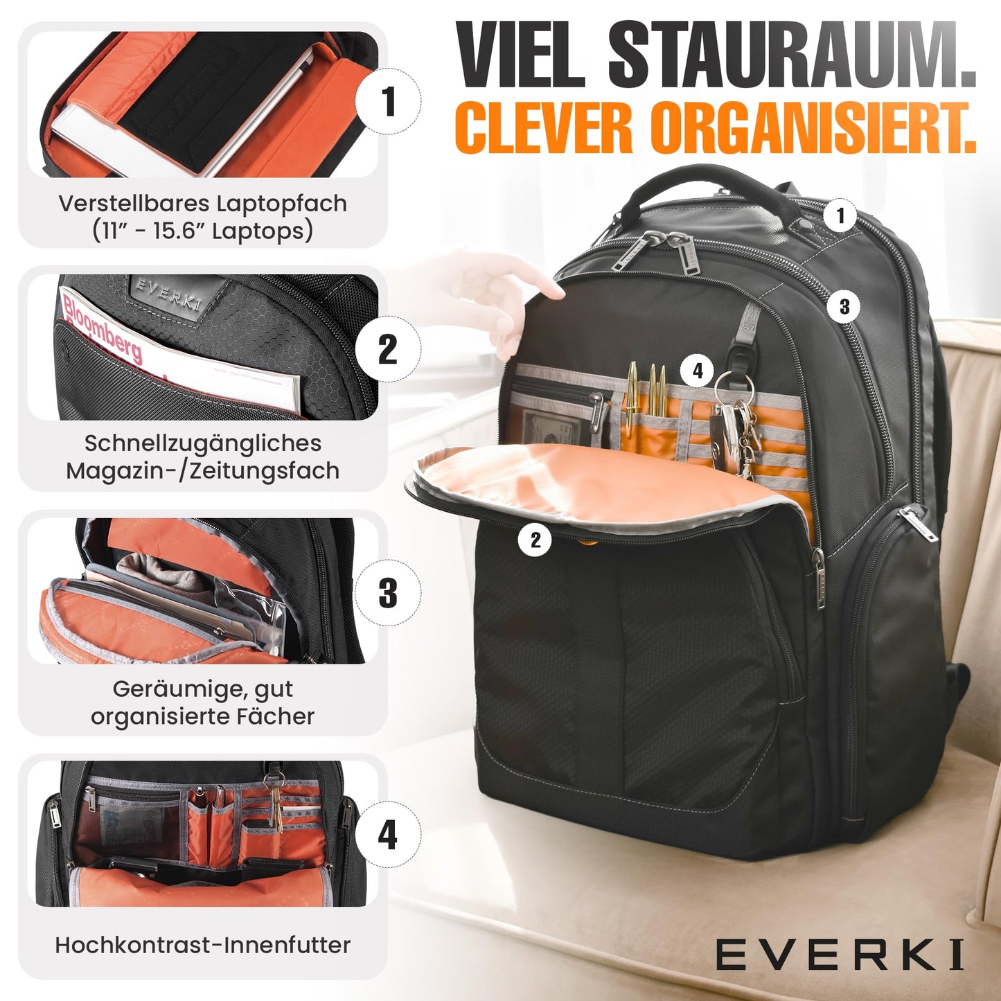EVERKI Atlas Business Laptop Backpack (EKP121) with Black Rain Cover - Men's Backpack with 13"-17.3" Compartment, 32L Capacity - Travel-Friendly Backpack & Rain Cover Bundle