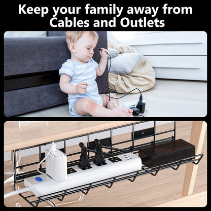 2 Pack DELAMU Under Desk Cable Management Tray, Metal Cord Cable Organizer for Desk, Easy Install Pre-drilled Wire Management Wire Organizer for Office & Home