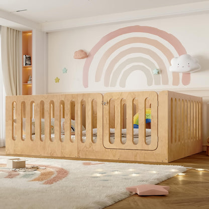 GDFStudio Full Size Montessori Floor Bed with Door, Solid Wood Kids Floor Bed Frame, Low Profile No Box Spring Needed, House Style Design, Sturdy Slats Support, Natural Finish, Easy Assembly