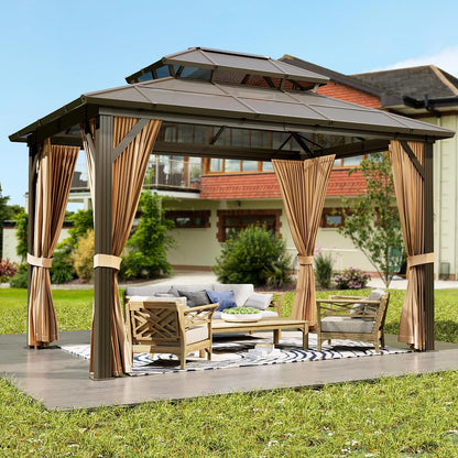 GAOMON 10'x12' Hardtop Gazebo, Outdoor Polycarbonate Double Roof Canopy, Aluminum Frame Permanent Pavilion with Curtains and Netting, Sunshade for Garden, Patio, Lawns