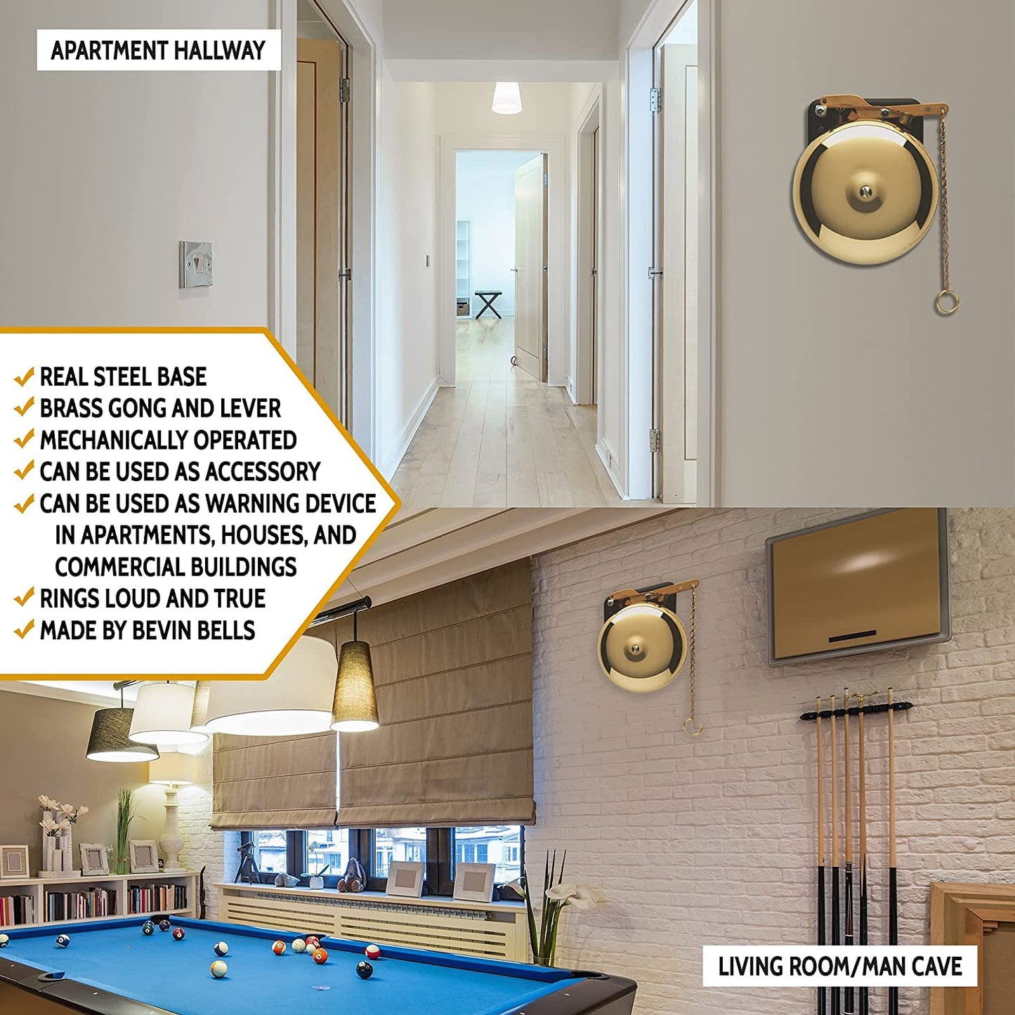 Bevin Bells Brass Trip Gong | Traditional Prize Fighter 8" Boxing Bell | Loud & Made of Steel & Brass | Boxing Training and Warning Device in One | Man Cave/Bar Accessory | Made in USA
