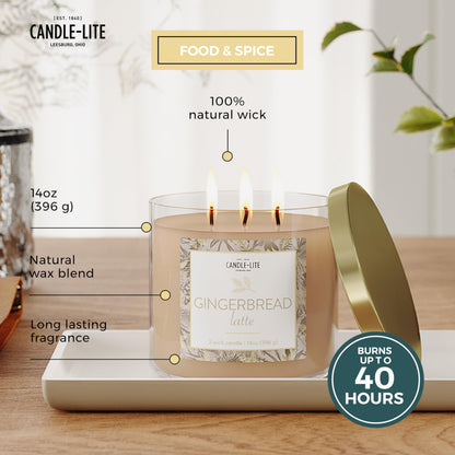 Candle-lite Holiday Scented Candles, Gingerbread Latte Fragrance, 14 oz 3-Wick Jar Candle, Proudly Poured in USA, Christmas Home Decor Candle, 40 Hours of Burn Time, Holiday Gift for Men and Women