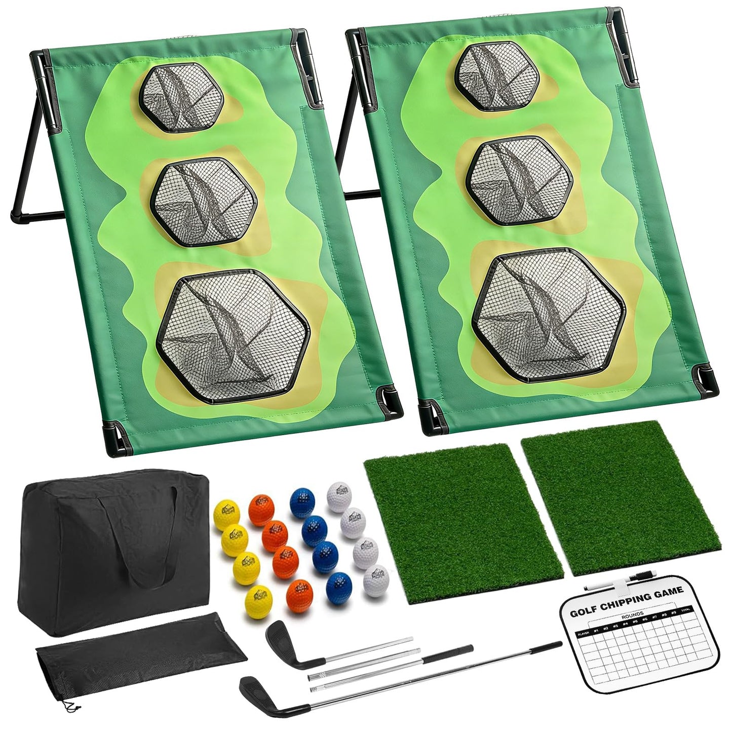 Bpbdzz Golf Chipping Game Set with 2 Clubs & 1 Scoreboard - 2 Target Nets, 2 Turf Mats, 16 Foam Balls, Score Pen & Bag - Indoor/Outdoor Golf Training for Adults/Family