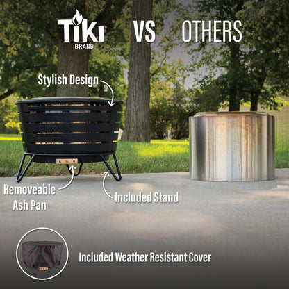 TIKI Patio Smokeless Outdoor Fire Pit, 25-Inch Wood-Burning Bonfire with Removable Ash Pan, Stand, and Weather-Resistant Cover