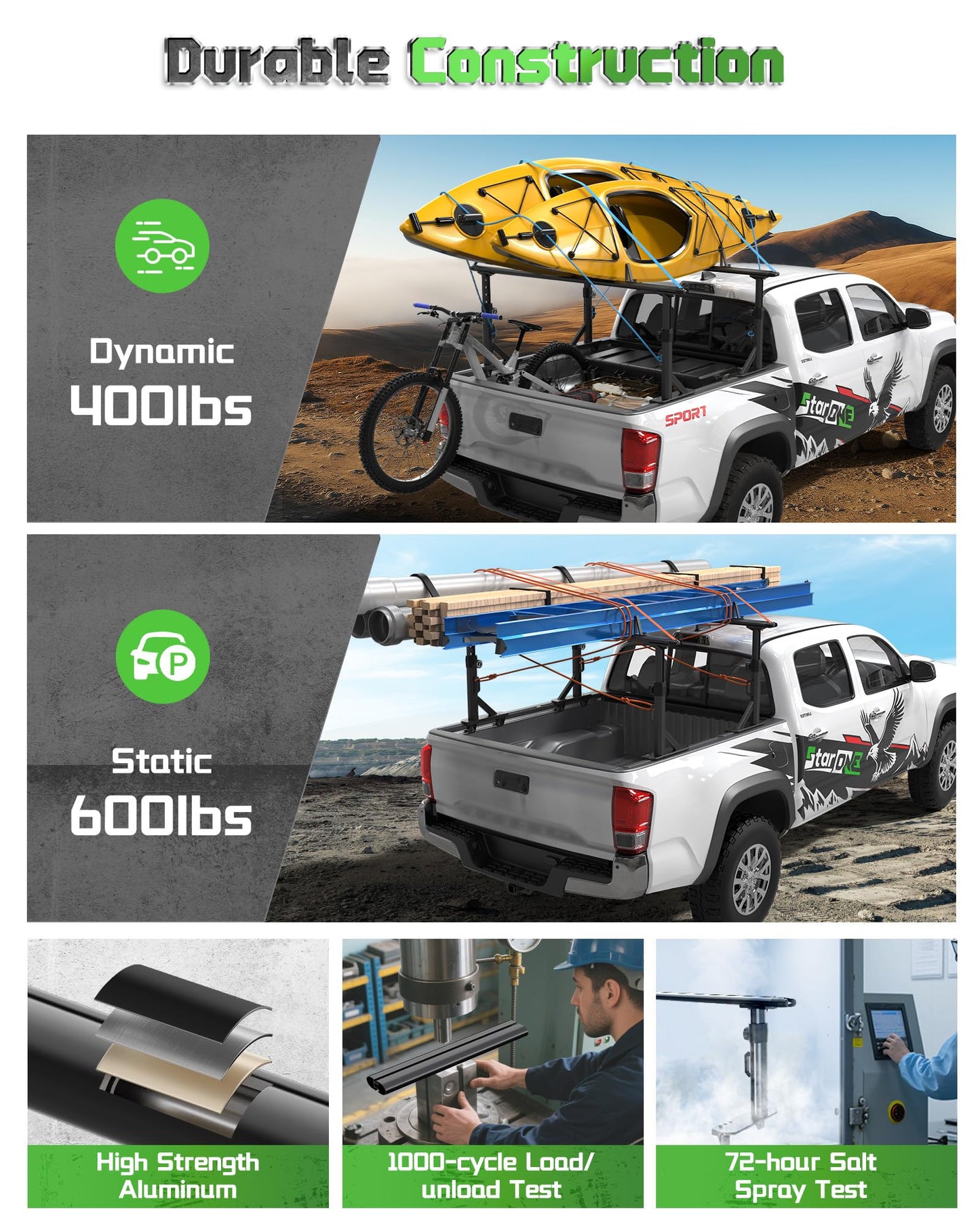 StarONE Heavy Duty Truck Ladder Rack, Adjustable Height Aluminum Truck Bed Rack Fit for Tacoma/Gladiator with Bed Rails, 800 LBS Capacity for Carrying Lumber/Ladders/Kayak