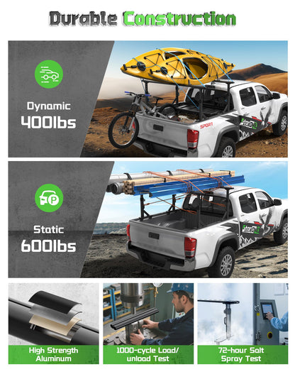 StarONE Heavy Duty Truck Ladder Rack, Adjustable Height Aluminum Truck Bed Rack Fit for Tacoma/Gladiator with Bed Rails, 800 LBS Capacity for Carrying Lumber/Ladders/Kayak