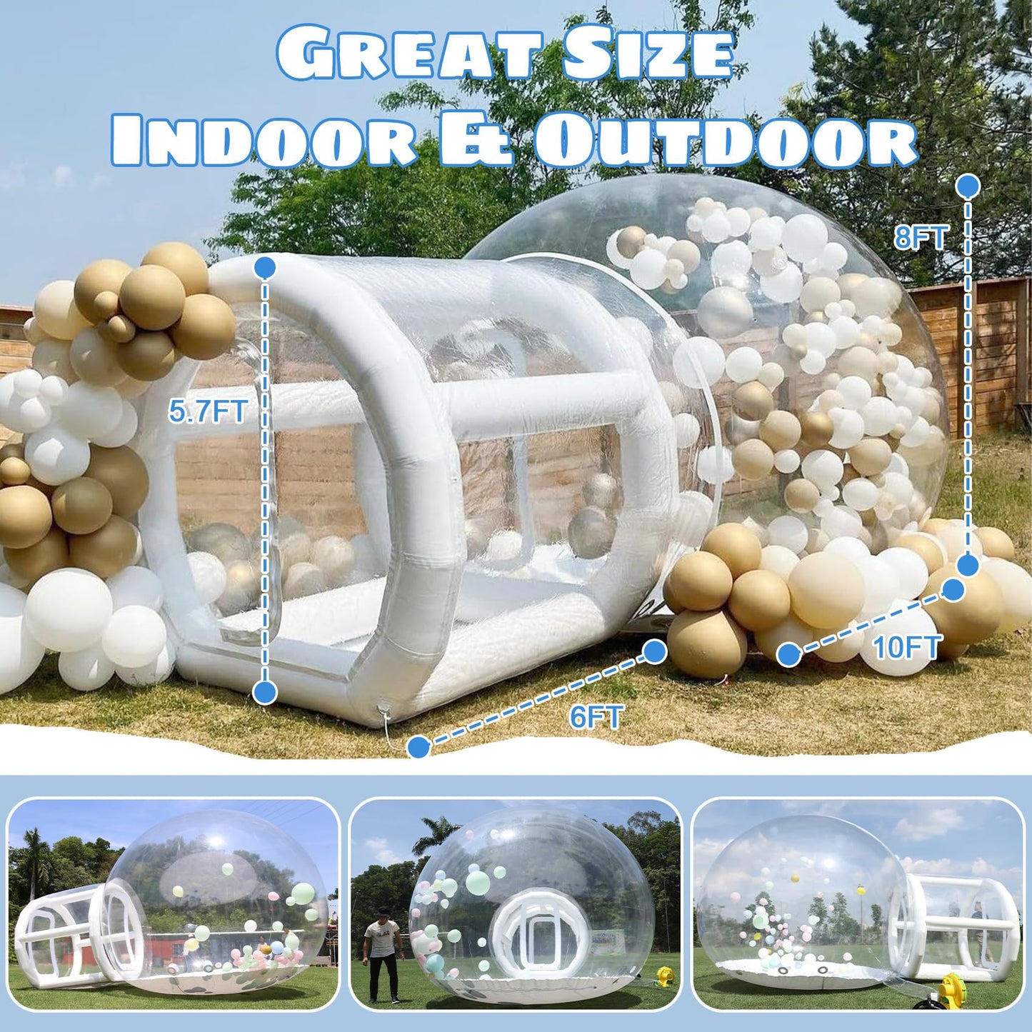 10FT Inflatable Bubble House Dome for Adults,TPU Clear Commercial Inflatable Bubble House Tent with Tunnel, Bubble Balloon House with 680W Air Blower, 600W Air Pump Inflatable Dome for Party