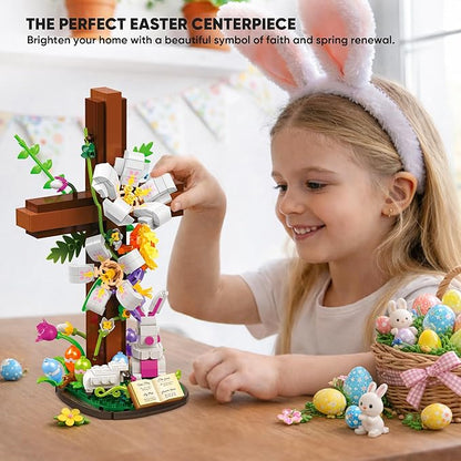 Easter Cross Flower Building Blocks Set - Jesus Botanical Lily Cross with Bunny Lamb &amp Eggs - Religious Christian Gifts for Women &amp Adults - Spring Resurrection Home Decor
