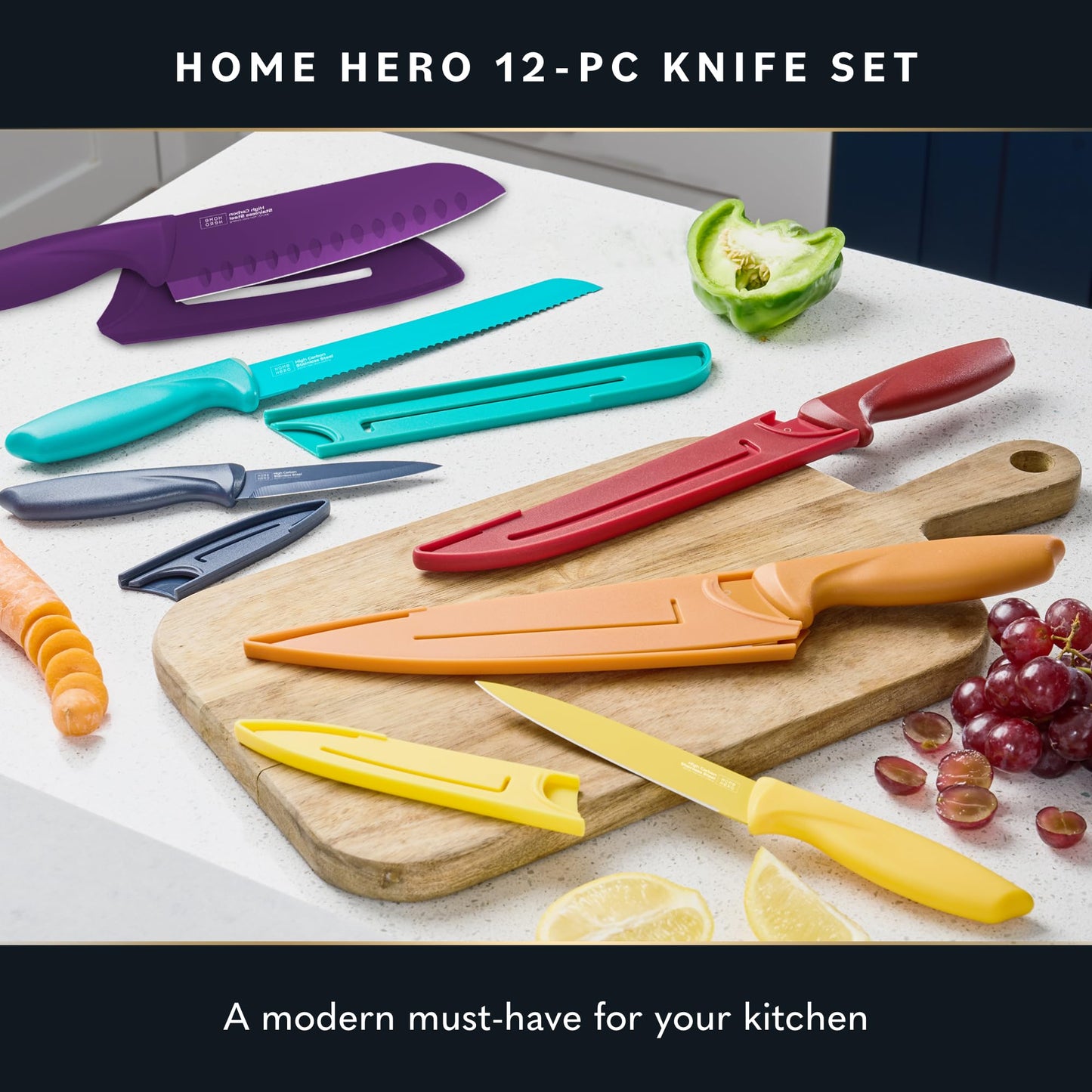 Home Hero Kitchen Knife Set with Sharpener - High Carbon Stainless Steel Knife Block Set with Ergonomic Handles (20 Pcs - Acrylic Black)
