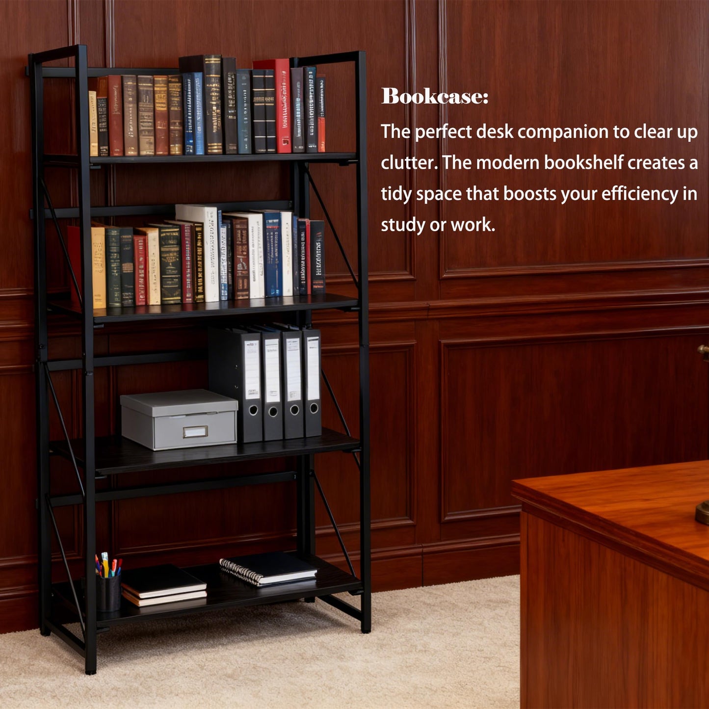Kogven Folding Bookshelf, 2-in-1 Convertible Design, Multifunctional Plant Stand Storage Rack Shelves for Home Office, Easy Assembly, 4-Tier,Black