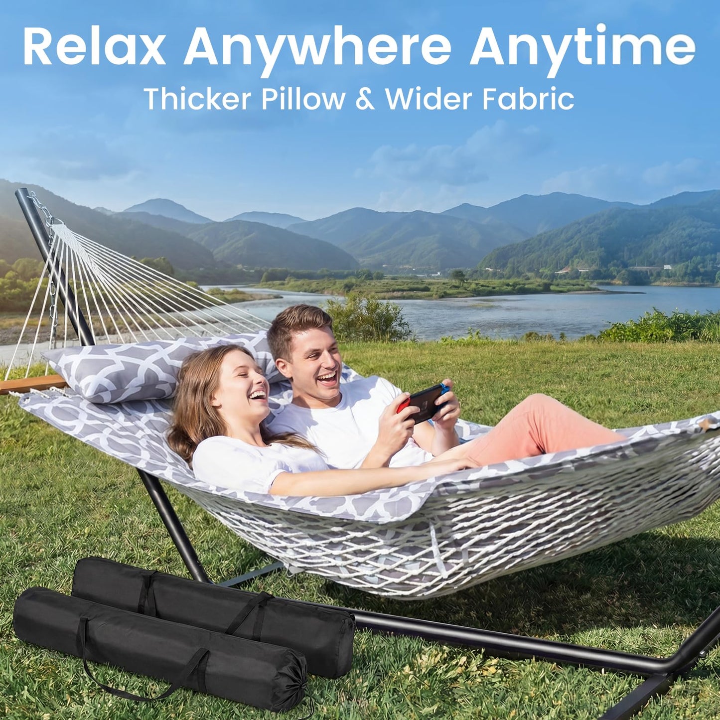 ANAGOO Double Hammock with Stand – Portable Cotton Rope Hammock with Removable Quilted Pad & Pillow, Adjustable Steel Frame for Patio, Backyard, Garden, Park, Camping & Outdoor Relaxation – White Gray
