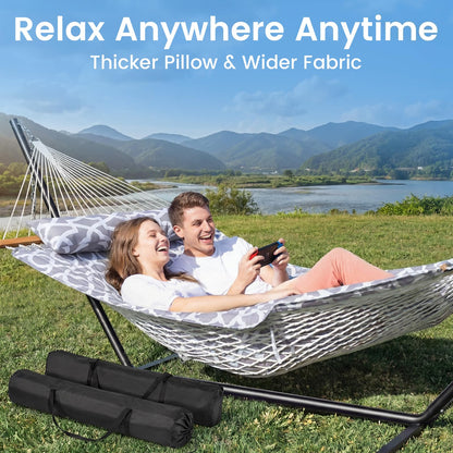 ANAGOO Double Hammock with Stand – Portable Cotton Rope Hammock with Removable Quilted Pad & Pillow, Adjustable Steel Frame for Patio, Backyard, Garden, Park, Camping & Outdoor Relaxation – White Gray