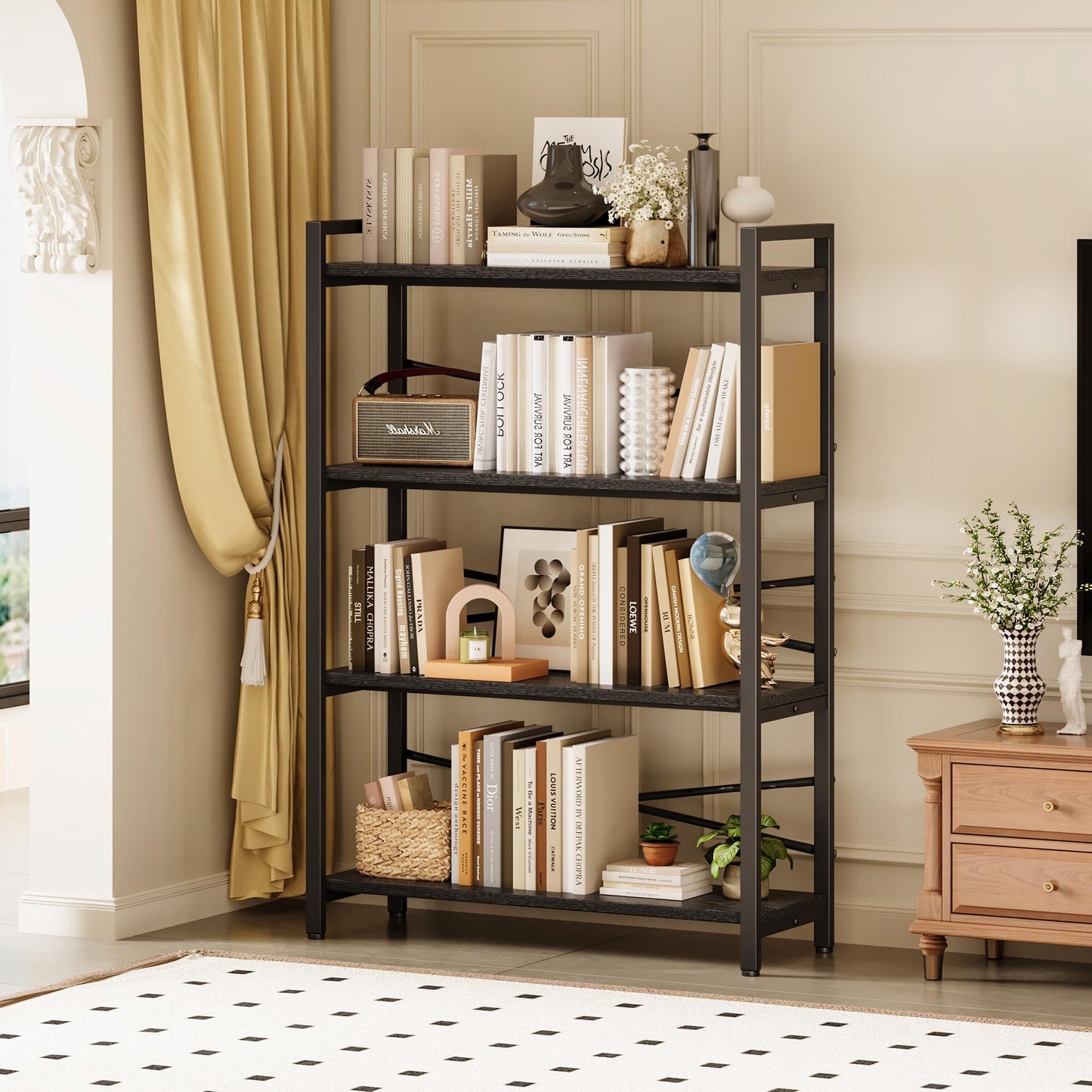 4 Tier Bookshelf 31.49" Width, Tall Book Shelf Storage and Organization, Wooden and Metal Industrial Bookcase, Large Book Shelves for Home Living Room Bedroom Office Storage(Black)
