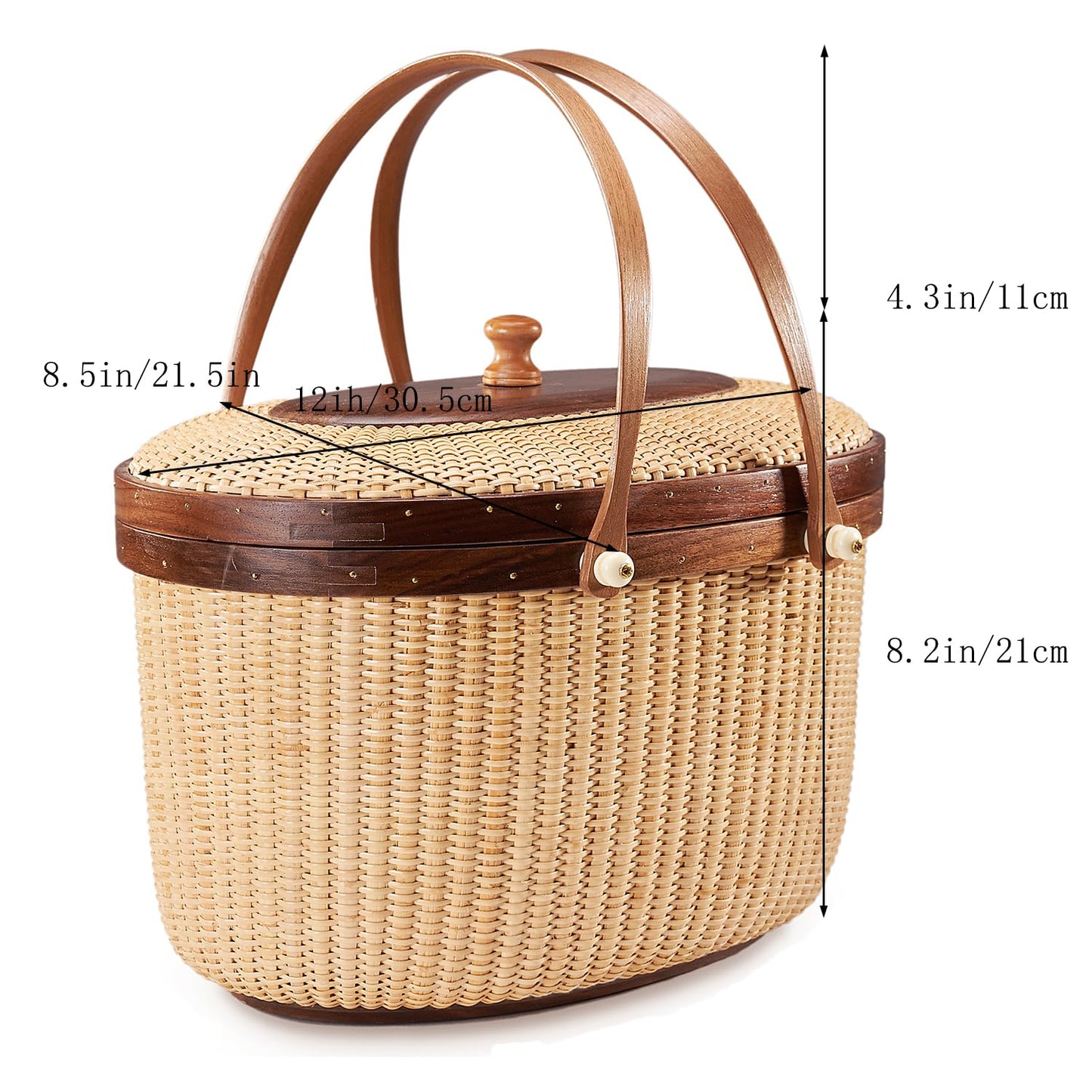 Teng Jin Nantucket Sewing Basket Purse, Containers with Dual Wood Handles .Cane-on-cane weave basket craft basket, with lid with handle