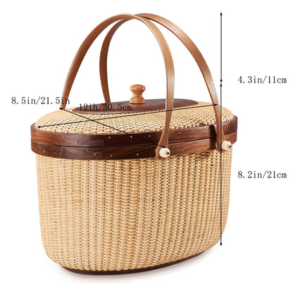 Teng Jin Nantucket Sewing Basket Purse, Containers with Dual Wood Handles .Cane-on-cane weave basket craft basket, with lid with handle