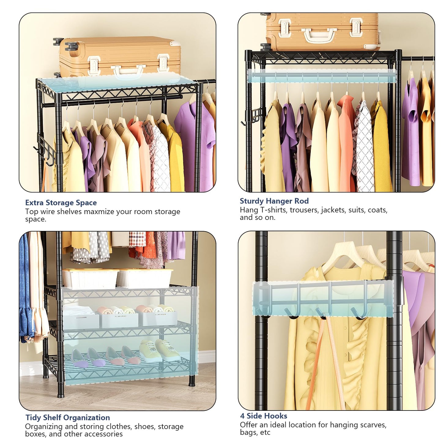 VANZBON Heavy Duty Closet Garment Rack, 6 Tiers Adjustable Metal Freestanding Expandable Clothing Storage with 4 Hanger Rods, Easy to Assemble Wardrobe, 71.4" H x (70" - 88.2") L x 14" D, Black