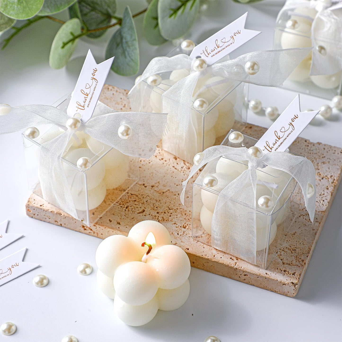 Nuanchu 12 Sets Bridal Shower Favors White 1.6" Mini Bubble Candles Wedding Favors Gifts for Guests Aesthetic Bubble Candles Baby Shower Favor with Thank You Card Ribbon for DIY Baptism Gift