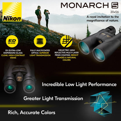 Nikon MONARCH 5 20x56 Binocular - 56mm Objective Lenses, High Light Transmission, Multilayer-Coated Optics - Waterproof Fogproof Shock-Resistant Tripod Adaptable Outdoor Hiking Hunting Binoculars