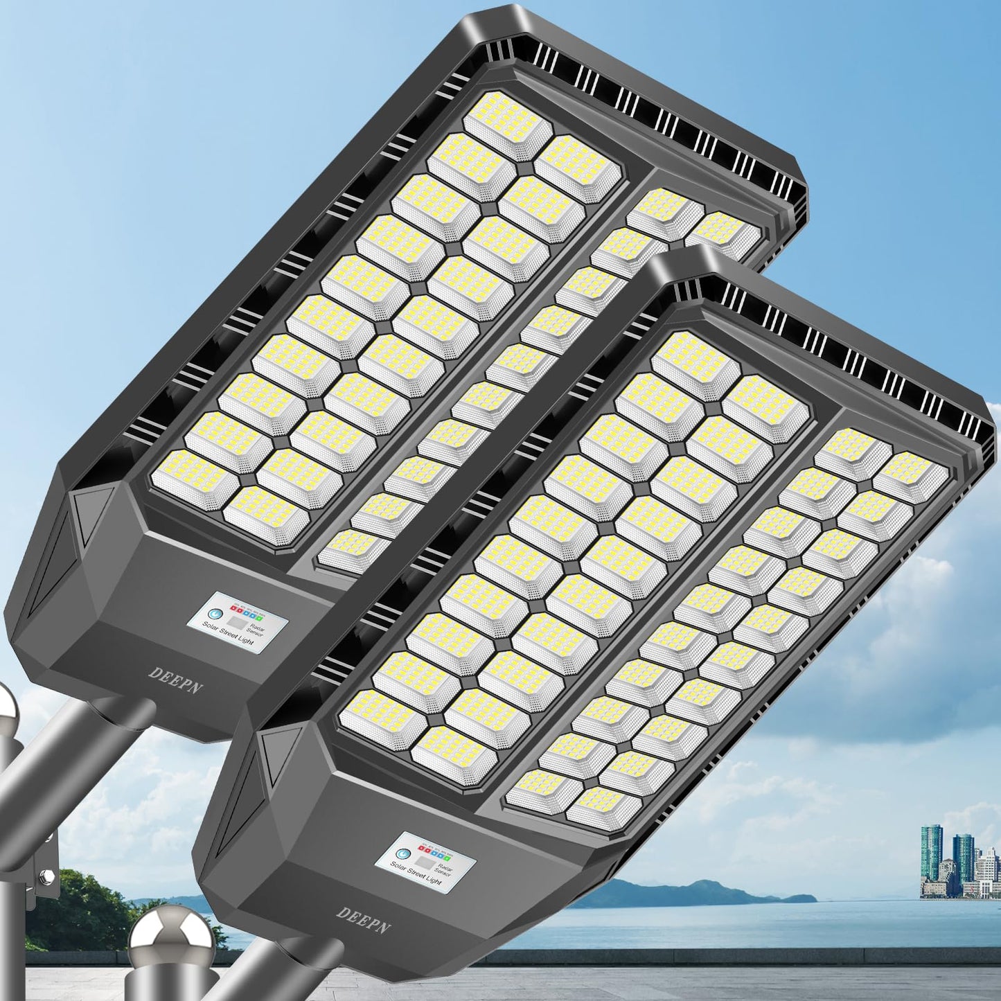 Deepn Solar Street Lights Outdoor, 10000W Bright Security Lights for Yard, Motion Sensor Flood Lights with IP67 Waterproof, Dusk to Dawn Commercial Street Lights for Parking Lot, Garage, Patio, 2 Pack