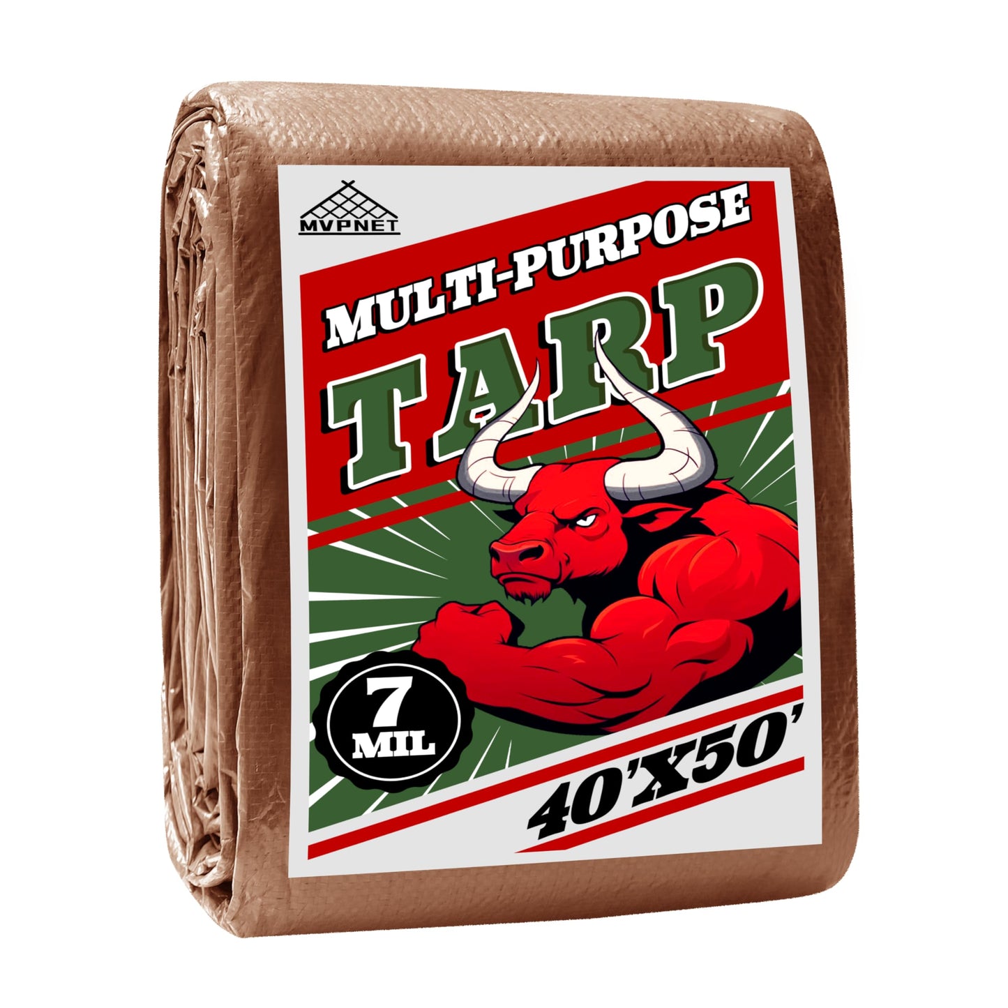 Tarp 40x50 ft 100% Waterproof 7mil Durable Grommets and Reinforced Edges,Uv Resistant,Green/Brown Tarp,Emergency Rain Shelter,Outdoor Cover and Camping Use -by MVPNET
