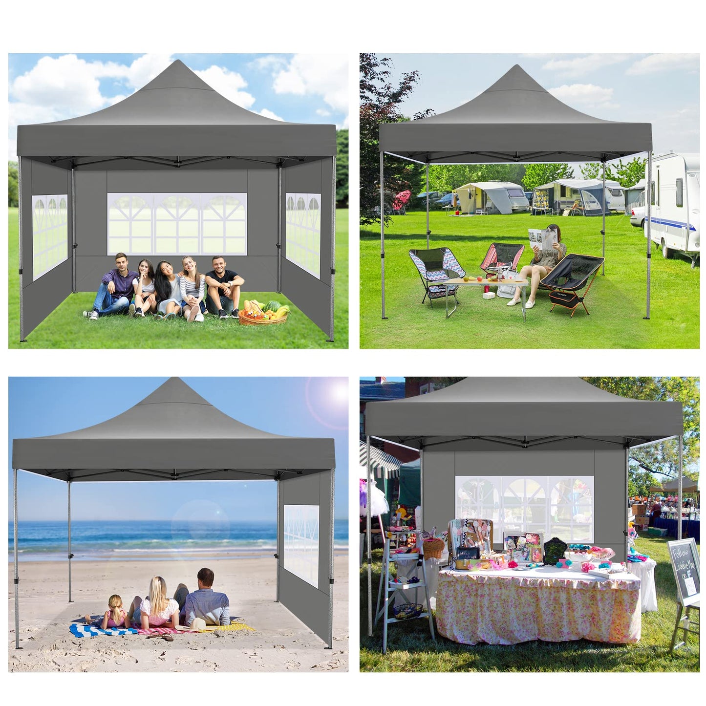 COBIZI 10x10 Pop Up Canopy with 4 Sidewall,Heavy Duty Canopy UPF 50+ All Season Wind Waterproof Commercial Outdoor Wedding Party Tents for Parties Canopy Gazebo with Roller Bag(10 x 10 ft Gray)