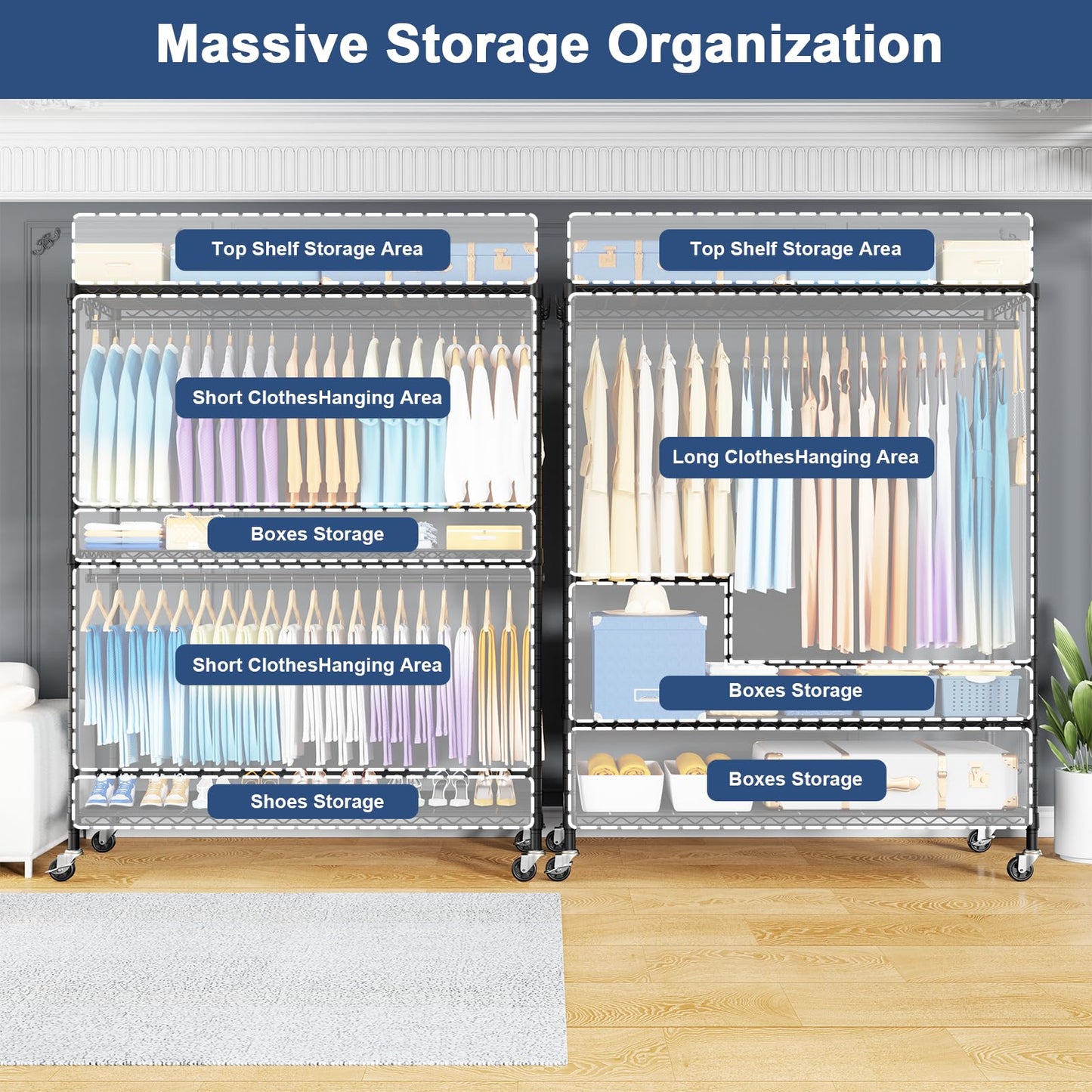 ULIFHOME P8C Max Heavy Duty Clothes Rack（With Extended Width Design） Rolling Clothing Racks for Hanging Clothes with Lockable Wheels，51.2"W x 15.8"D x 80.5"H，Load 800LBS，Black Rack with Black Cover