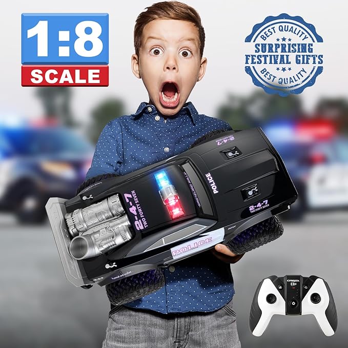 Carox Large Remote Control Police Car Toy with Lights and Sirens for Boys 1:8 Cop Car with Three Rechargeable Battery Durable RC Police Truck for Kids 4 Years and Up A Surprising
