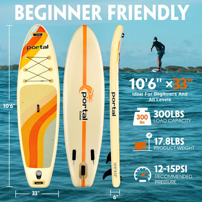 PORTAL SUP Inflatable Paddle Board for Adults, 10'6'' Stand Up Paddleboards, Non-Slip Deck Blow up Paddle Boards with Adjustable Paddle, Carry Bag, Emergency Repair Kit