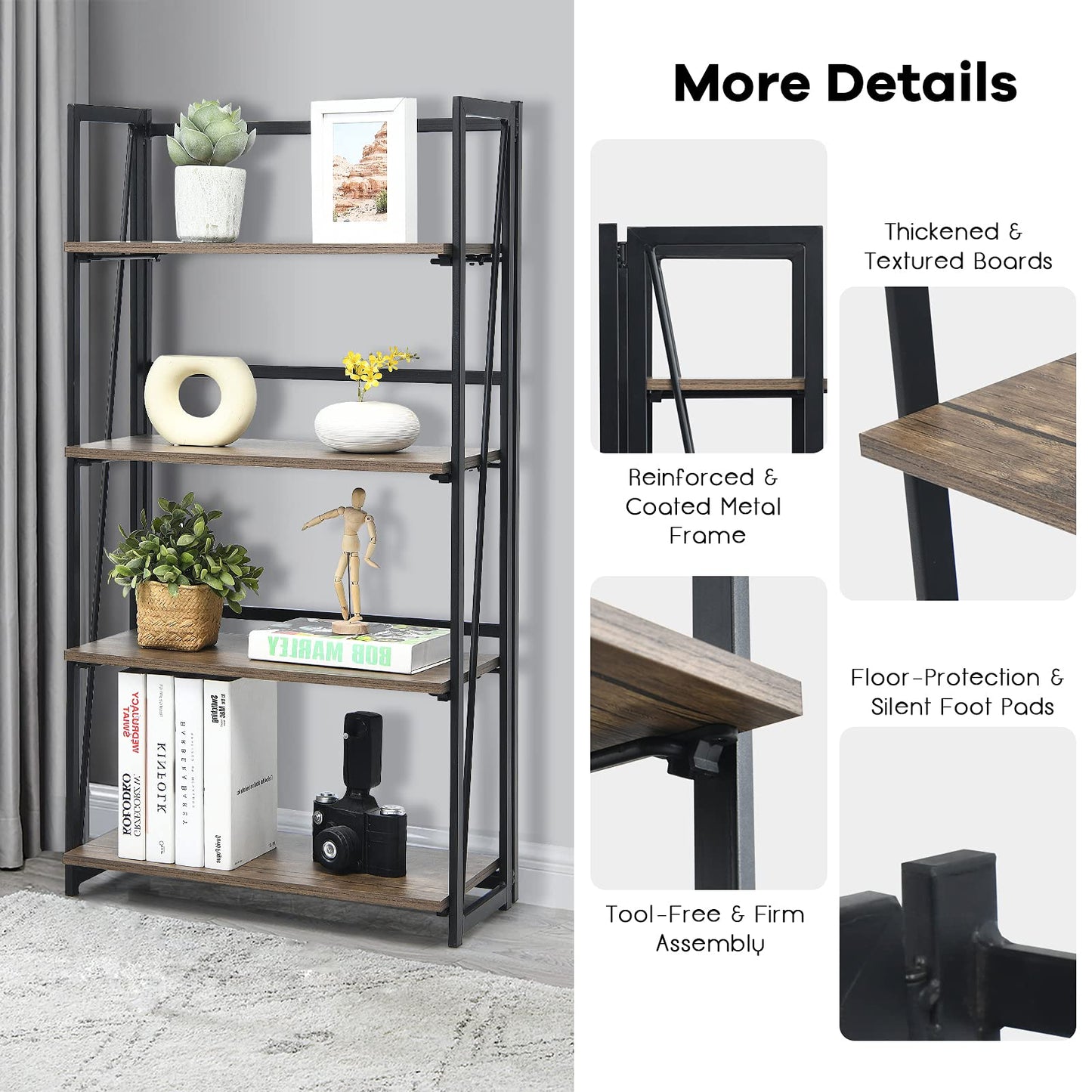 Giantex 4-Tier Bookshelf, No-Assembly Folding Industrial Storage Shelves w/Anti-Tipping Wall Bolt, Large Storage Space Display Rack and Freestanding Storage Organizer