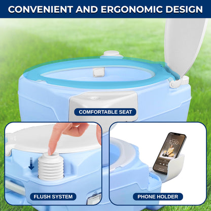 SereneLife 5.3 Gal Portable Camping Toilet For Adults, 100+ Flushes Porta Potty Camp Toilet with Phone Holder, Hand Sprayer, Extra Large Seat, Detachable Waste Tank, For Camping, Hiking, and Boating