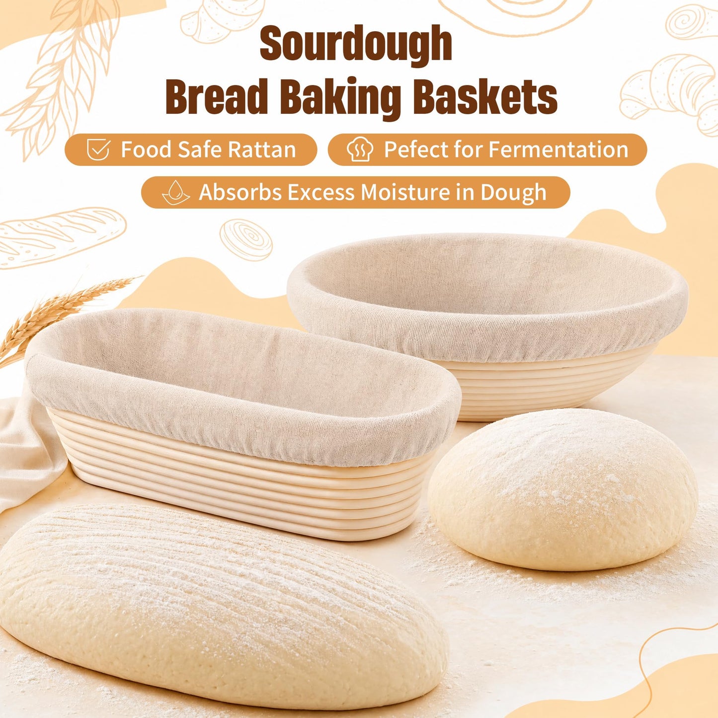 Sourdough Bread Baking Supplies, 2 Pack Banneton Bread Proofing Basket 10 inch Round & 10 inch Oval Proofing Bowls for Sourdough Bread with Liner Making Baking Fermentation Tools