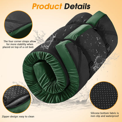 CYMULA Camping Cot Pad 2 Inch Memory Foam, Camping Pad for Folding Cot and Foldable Cot, Portable Roll Up Camp Gear for Car Camping Travel Tent, Non-Slip Waterproof Bottom, Removable Cover, Pad Only