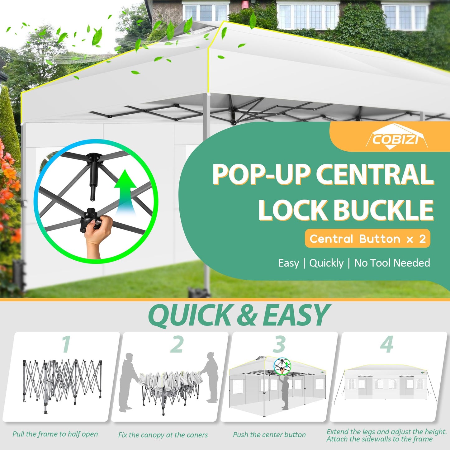 COBIZI 10x20 Pop Up Canopy Tent with 6 Sidewalls One Push Setup Outdoor Commercial Gazebo Waterproof UPF 50+ Party Tent with Carry Bag,Air Vent,Sandbag Tents for Parties,Wedding,Backyard,White