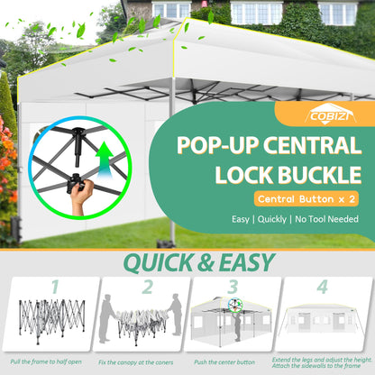 COBIZI 10x20 Pop Up Canopy Tent with 6 Sidewalls One Push Setup Outdoor Commercial Gazebo Waterproof UPF 50+ Party Tent with Carry Bag,Air Vent,Sandbag Tents for Parties,Wedding,Backyard,White