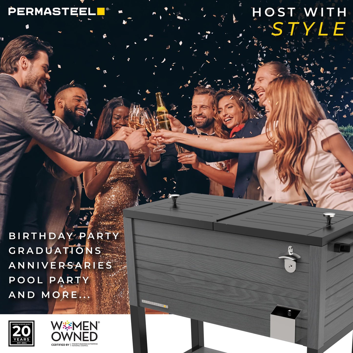 Permasteel Party Cooler with Divider, Spacious 80-Qt Capacity, Chills 36hrs, Rolling Ice Chest for Indoor and Outdoor Entertainment, Wood Grain Finish, Gray