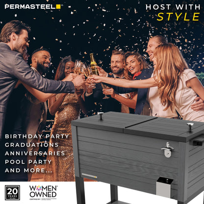 Permasteel Party Cooler with Divider, Spacious 80-Qt Capacity, Chills 36hrs, Rolling Ice Chest for Indoor and Outdoor Entertainment, Wood Grain Finish, Gray