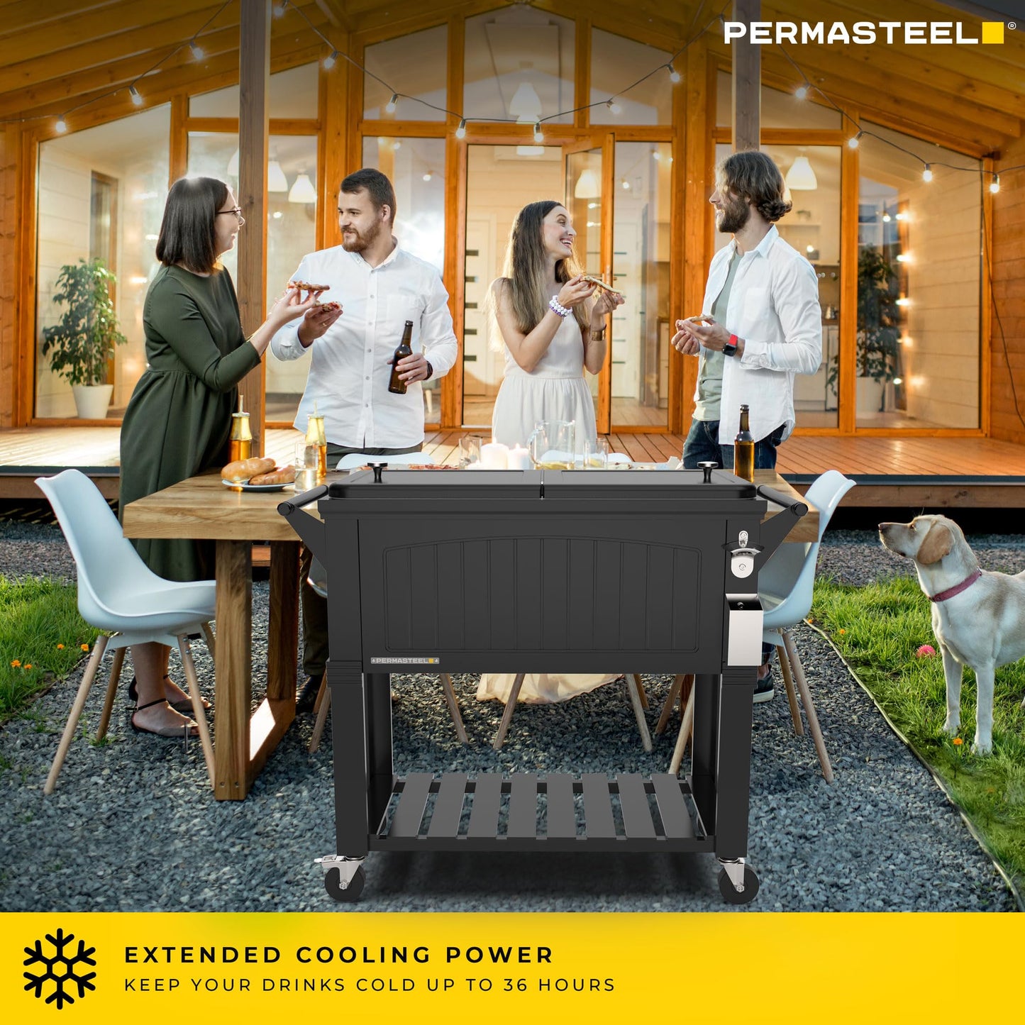 Permasteel Party Cooler with Divider, Spacious 80-Qt Capacity, Chills 36hrs, Serving Tray, Rolling Ice Chest for Indoor and Outdoor Entertainment, Matte Black