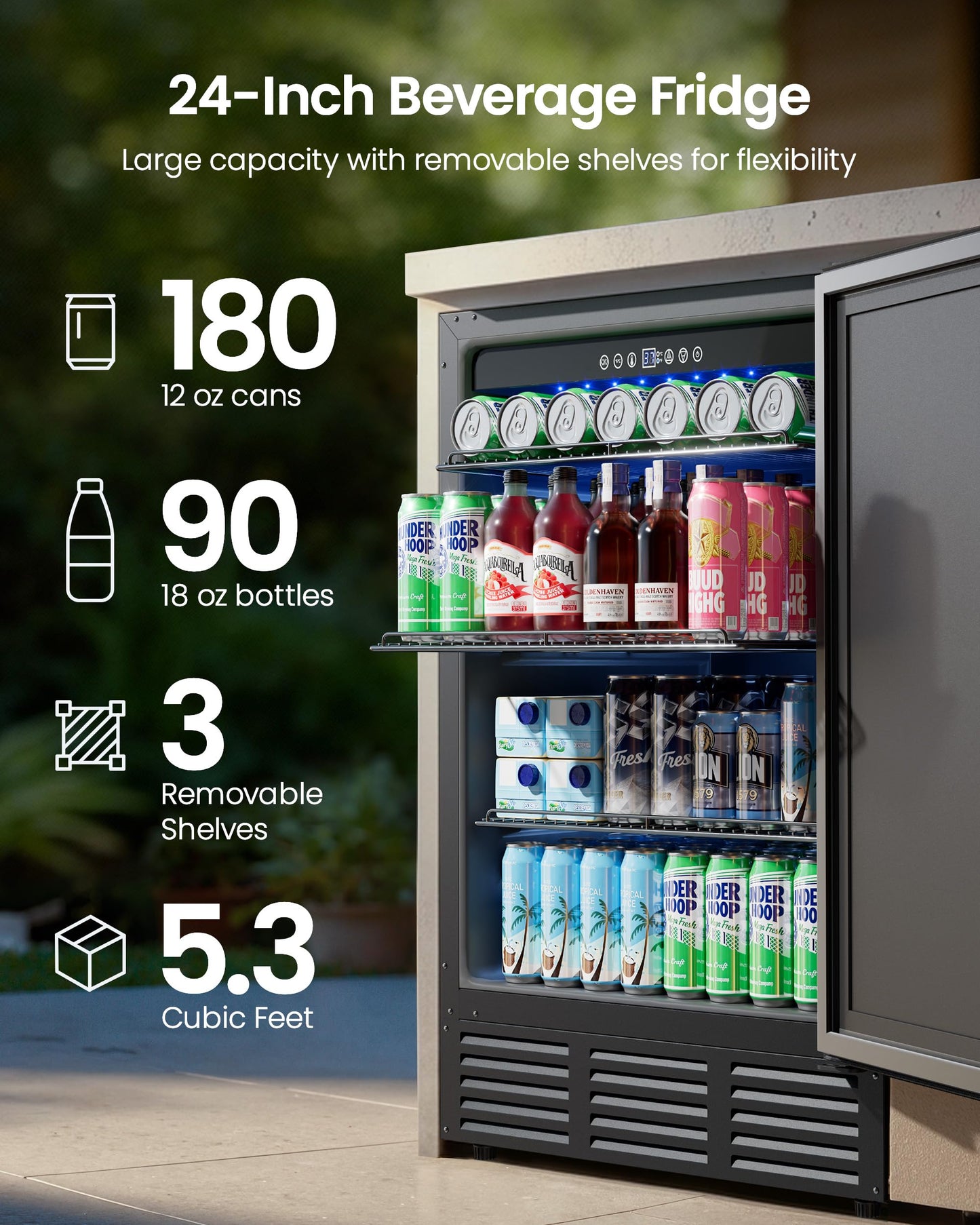ICEVIVAL 24 Inch Beverage Refrigerator, 180 Can Under Counter Fridge, Stainless Steel Outdoor Fridge for Patio & Outdoor Kitchen, Outdoor Refrigerator for Soda, Beer, Built-in & Freestanding(Black)
