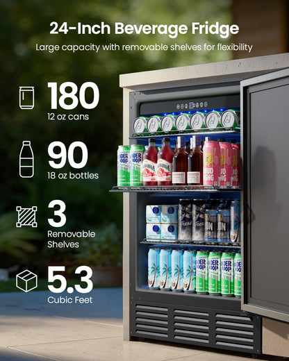 ICEVIVAL 24 Inch Beverage Refrigerator, 180 Can Under Counter Fridge, Stainless Steel Outdoor Fridge for Patio & Outdoor Kitchen, Outdoor Refrigerator for Soda, Beer, Built-in & Freestanding(Black)