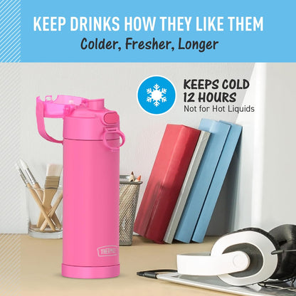 THERMOS FUNTAINER 16 Ounce Vacuum Insulated Stainless Steel Bottle - Neon Pink, Wide Spout Lid