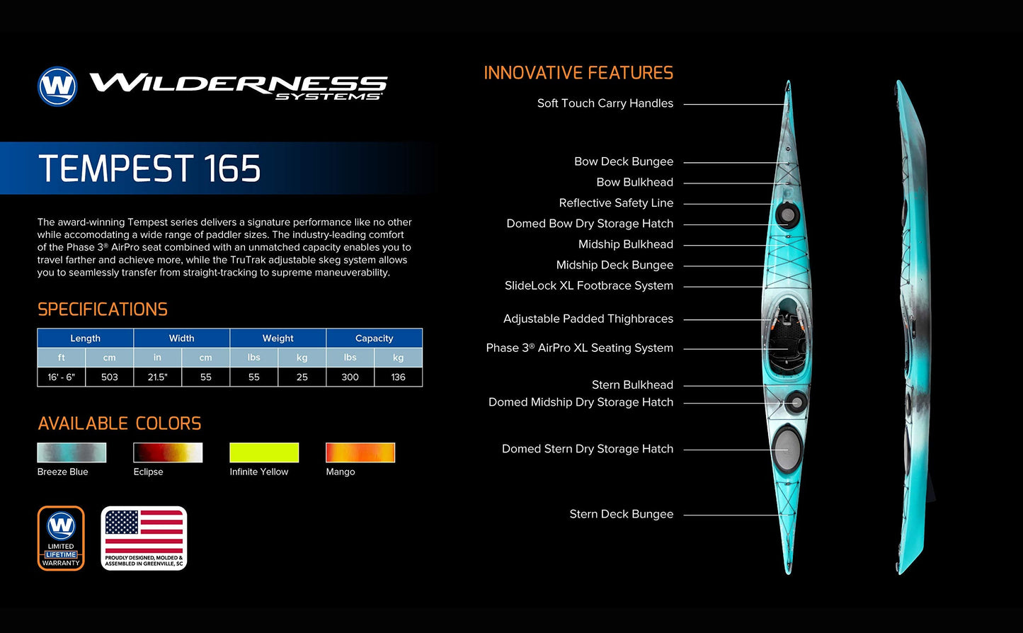 Wilderness Systems Tempest 165 | Sit Inside Touring Kayak | Adjustable Skeg - Phase 3 Air Pro Seating | 16' 6" | Mango