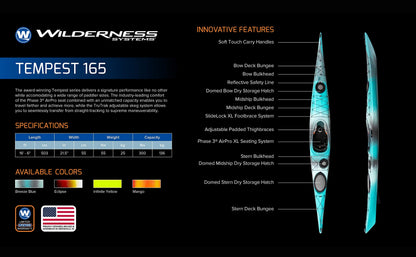 Wilderness Systems Tempest 165 | Sit Inside Touring Kayak | Adjustable Skeg - Phase 3 Air Pro Seating | 16' 6" | Mango