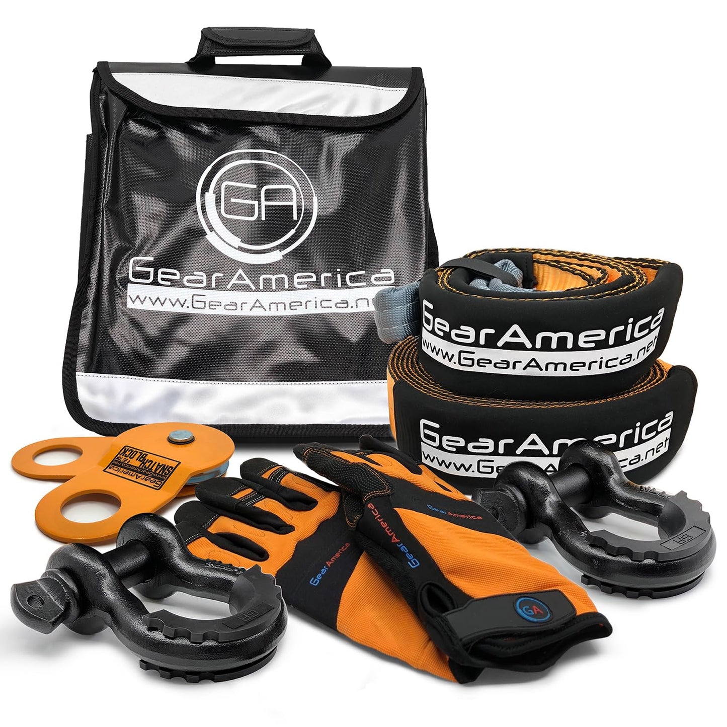 GearAmerica Off Road Recovery Kit, 9 Ton, Includes Tow Strap, Tree Saver, Snatch Block Pulley, D-Ring Shackles, Winch Line Dampener Bag, Gloves - Off Road Recovery Gear, 4x4, Black